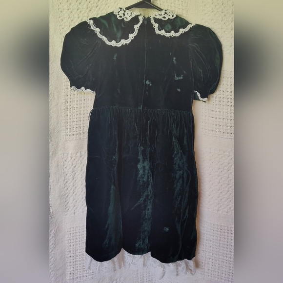 Gunne Saxe Velvet Puff Sleeve Dress Peter Pan Collar Dark Green Lace Trim - Picture 3 of 13